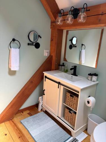 a bathroom with a sink and a mirror at Waneta Way Cottage in Hammondsport