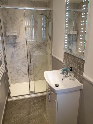 a bathroom with a shower and a white sink at Appletorre House Holiday Flats - Pet Friendly by arrangement and Private Parking in Torquay