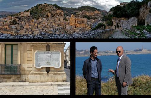 two pictures of a man standing in front of a building at Al Borgo dell'Arte Suite in Scicli