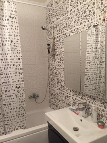 a bathroom with a shower and a sink and a mirror at Apartment Royal in Pristina