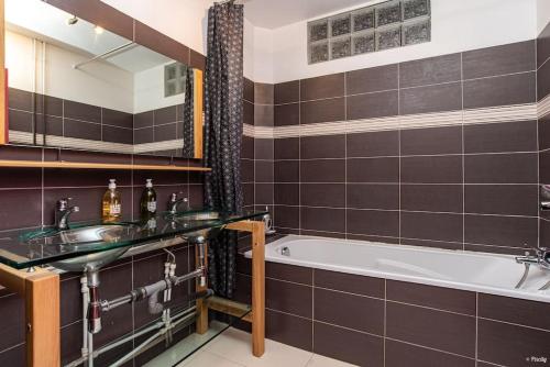 une salle de bain avec une baignoire, un lavabo et un miroir dans l'établissement Villa Olympe, à Montauban