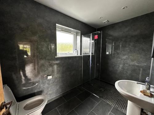 a black bathroom with a toilet and a sink at Taigh Geal Apartment in Portree
