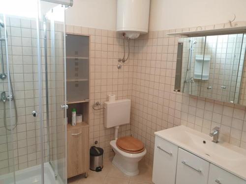 a bathroom with a toilet and a shower and a sink at Apartment LoLi in Orebić