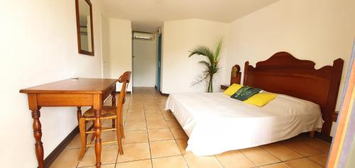 a bedroom with a bed and a desk and a table at Appartement T2 lumineux, confortable et spacieux à Saint-Anne proche plage de l'Anse Caritan in Sainte-Anne