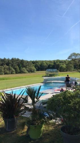 Un homme se tient à côté d'une piscine dans l'établissement Villa, piscine 3 ha 12à15 personnes, à Crach