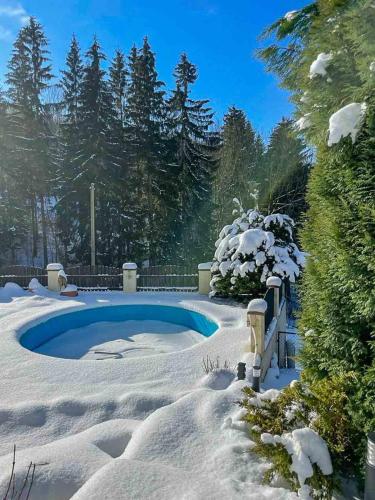 a swimming pool covered in snow in a yard at Roubenka U Javoru in Desná