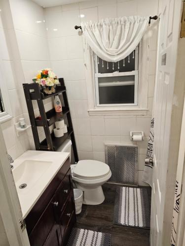 a bathroom with a toilet and a sink and a window at C&C number 2 in Elmont
