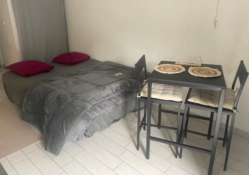 a room with a bed and a table and chairs at Petit studio aux portes du beaujolais in Saint-Germain-Nuelles