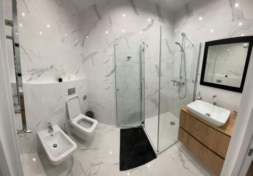 a bathroom with a toilet and a shower and a sink at Coliseum Palace Panorama View in Chişinău