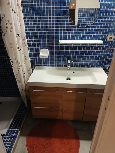 La salle de bains est pourvue d'un lavabo et d'un mur carrelé bleu. dans l'établissement Loft spacieux et cosy, à Toulouse