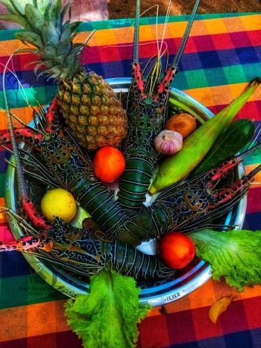 a plate of fruits and vegetables on a table at Beach Bungalow Yala in Kirinda