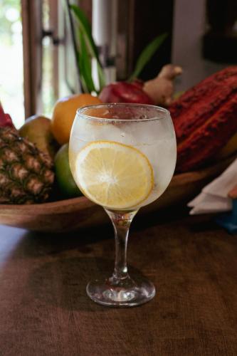 a drink in a glass with a lemon in front of a bowl of fruit at Pousada Samambaia in Trancoso