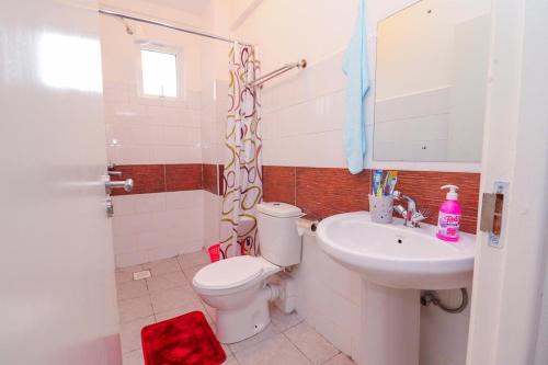 a white bathroom with a toilet and a sink at Kiambu Road Pad, Near UN Embassy in Kiambu