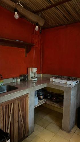 a kitchen with red walls and a counter with a stove at Rustic AC Oasis on Ometepe Island in Santa Cruz