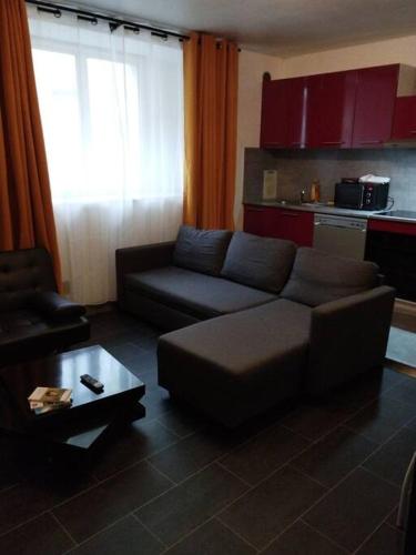 un salon avec un canapé et une table basse dans l'établissement Appartement Brest Pilier Rouge, à Brest