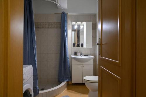 ein Badezimmer mit einem WC und einem Waschbecken mit einem blauen Duschvorhang in der Unterkunft Premium Athenian District Urban 1 bedroom flat B in Athen
