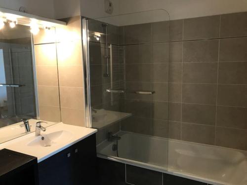 une salle de bain avec un lavabo, une douche et une baignoire dans l'établissement Appartement familial - Proche Versailles, à Saint-Cyr-lʼÉcole
