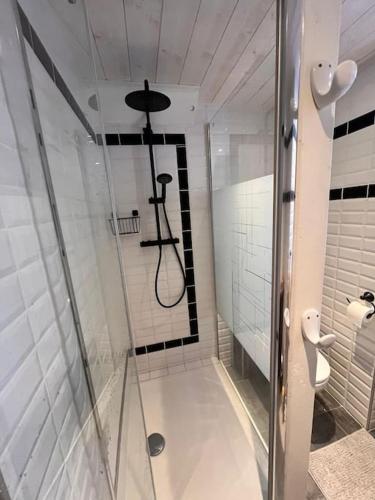 une douche dans une salle de bain avec une porte vitrée dans l'établissement Appartement au cœur des 2 Alpes, à Les Deux Alpes