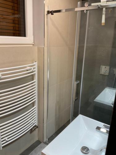 a bathroom with a shower and a sink at Apartmán u lesa Nové Jirny in Nové Jirny