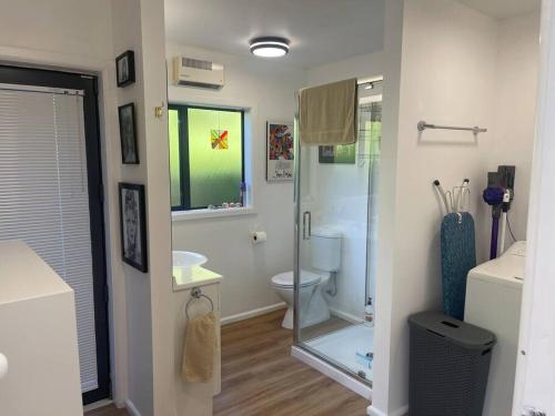 ein Badezimmer mit Glasdusche und Toilette in der Unterkunft Marine Bach - Diamond Harbour in Diamond Harbour