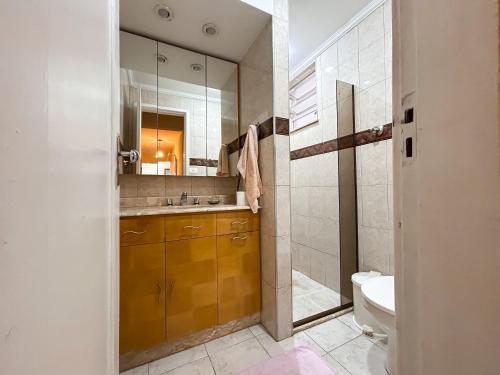 a bathroom with a sink and a toilet and a mirror at Apartamento 2 quartos no Centro de Terê in Teresópolis