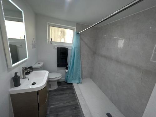 ein Badezimmer mit Dusche, Waschbecken und Toilette in der Unterkunft Fully equipped Apartments with parking near Cocowalk in Miami