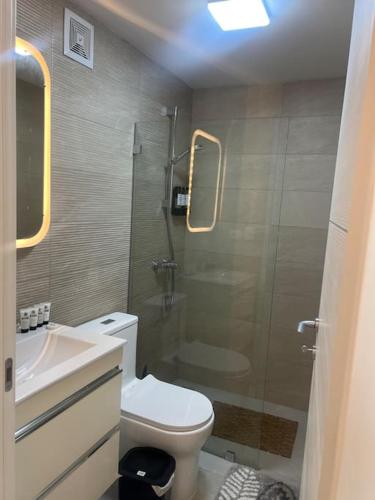 a bathroom with a shower and a toilet and a sink at Apartment in Playa Nueva Romana in San Pedro de Macorís