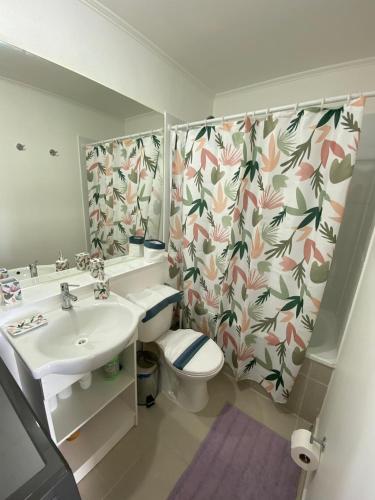 a bathroom with a sink and a toilet and a shower curtain at Departamento Condominio Aldunate in Temuco