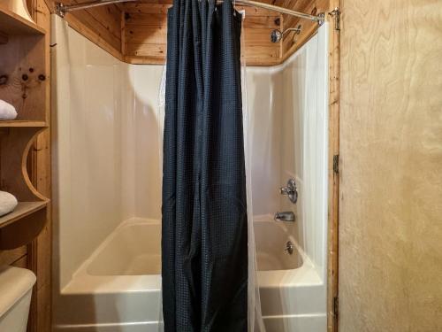 a bathroom with a shower and a bath tub at Secluded Sunrise Ridge-10 Min From Blue Ridge, King Beds, Hot Tub, 2 Porches, Fireplace Wood Burning, Mountain View, Cozy in Blue Ridge