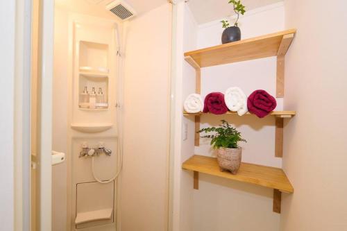 a bathroom with wooden shelves next to a shower at Sunnsnow ski in apartment in Otari