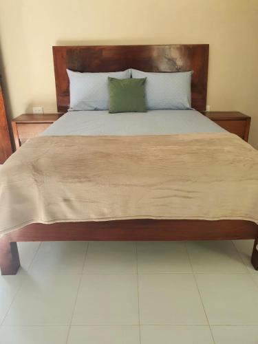 a large bed with a wooden headboard and two pillows at Casa Azul Cielo in Dzilam de Bravo