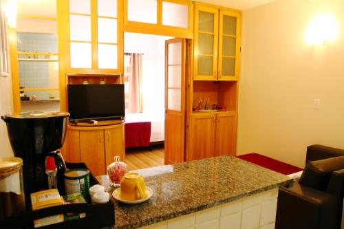 a living room with a kitchen with a counter top at Flats em frente ao Allianz Parque - HOTEL EM PERDIZES in Sao Paulo