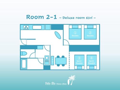 a floor plan of a condo with a pool at "沖縄の美ら海をイメージしたコンセプトルーム&スマートハウス, 人気のリゾートタウン北谷で暮らすように過ごす, ゆったり64平米2LDK" Villa Blu Okinawa Chatan 2-1 ヴィラブルー沖縄北谷2-1 in Chatan