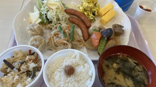 a tray of food with rice and different types of food at Toyoko Inn Fukushima-eki Higashi-guchi No 2 in Fukushima
