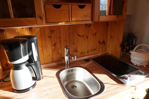 eine Küchentheke mit einem Mixer und einem Waschbecken in der Unterkunft Gästezimmer Charlotte in Dresden