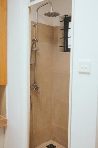 a shower with a shower head in a bathroom at Barachois Cabana in Tamarin