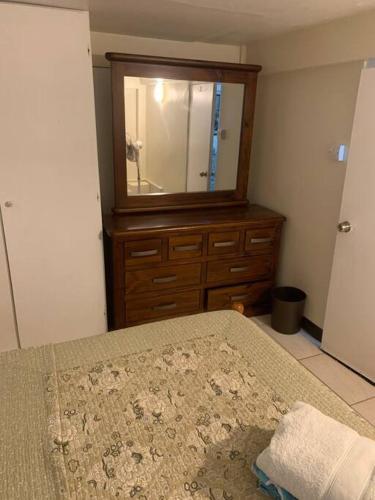 a bedroom with a bed and a dresser with a mirror at Modern apartment in Goodwill in Goodwill