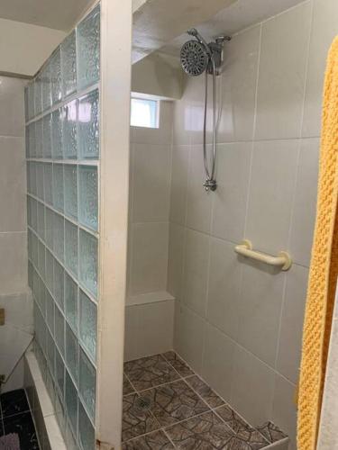 a bathroom with a shower with glass block walls at Modern apartment in Goodwill in Goodwill