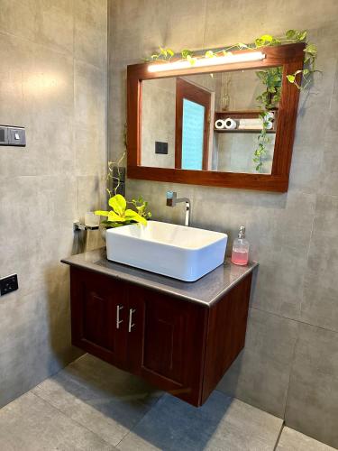 a bathroom with a white sink and a mirror at The Green Heaven Villa in Ambalangoda