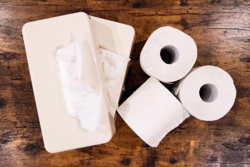 a box of toilet paper on a wooden table at A-JA in Niki