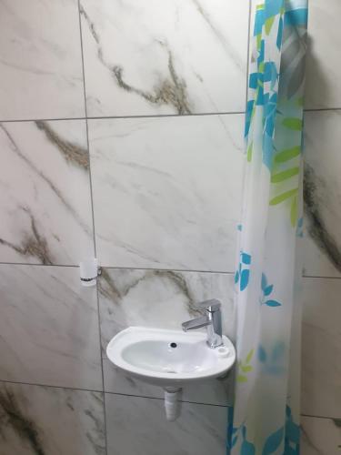 a bathroom with a sink and a shower curtain at PEACE LODGE in Cape Town
