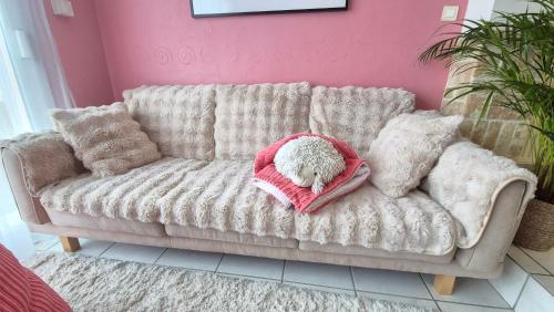 un chien dormant sur une couverture sur un canapé dans l'établissement Maison RoseMary 2 Chambres à 10 minutes de Rouen, à Amfreville-la-Mi-Voie