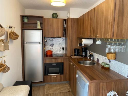 Elle comprend une petite cuisine avec des placards en bois et un réfrigérateur. dans l'établissement Appart hôtel au centre station, vue panoramique terrasse ensoleillée sud, parking, à Isola