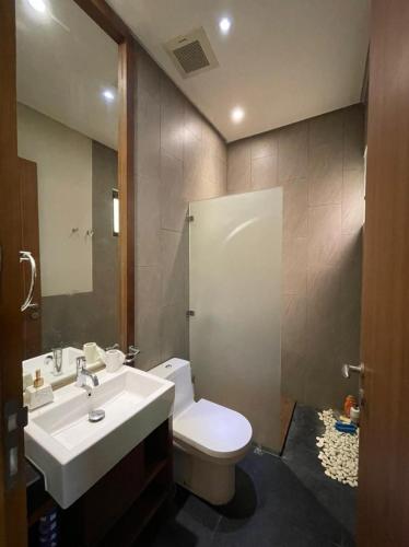 a bathroom with a toilet and a sink and a mirror at Villa Little Ubud in Gadok 1