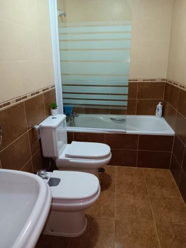 a bathroom with a toilet and a sink and a tub at Apartamento Casa Blan in Arenas de San Pedro