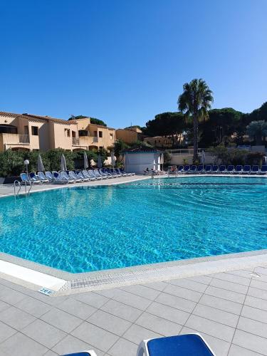 une grande piscine bleue avec des chaises et des palmiers dans l'établissement studio rénové dans résidence de vacances avec grande piscine chauffée, parking et terrasse, au Cap d'Agde