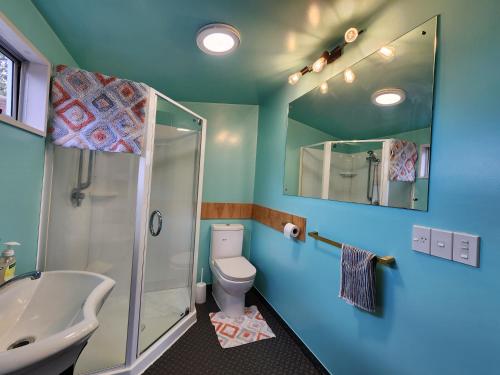 a bathroom with a shower and a toilet and a sink at A Stones Throw From Town A-frame in Dunedin