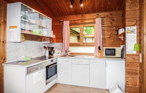 a kitchen with white appliances and wooden walls at Ferienhaus Donau 89 in Hayingen