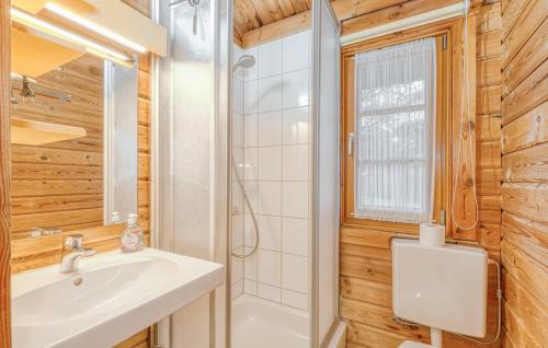 a bathroom with a sink and a shower and a toilet at Ferienhaus Donau 56 in Hayingen