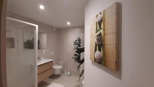 une salle de bain avec un lavabo, des toilettes et un miroir dans l'établissement Appartement VAUBAN, à Colmar